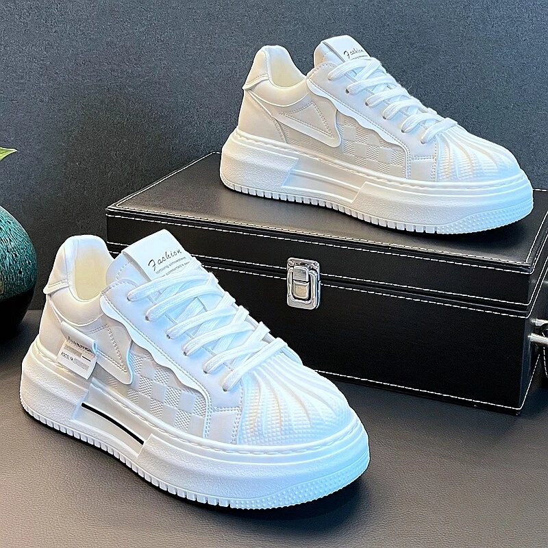 Chaussures de marche blanches à bout rond pour hommes, confortables, en cuir microfibre, à lacets, tendance, polyvalentes, décontractées,